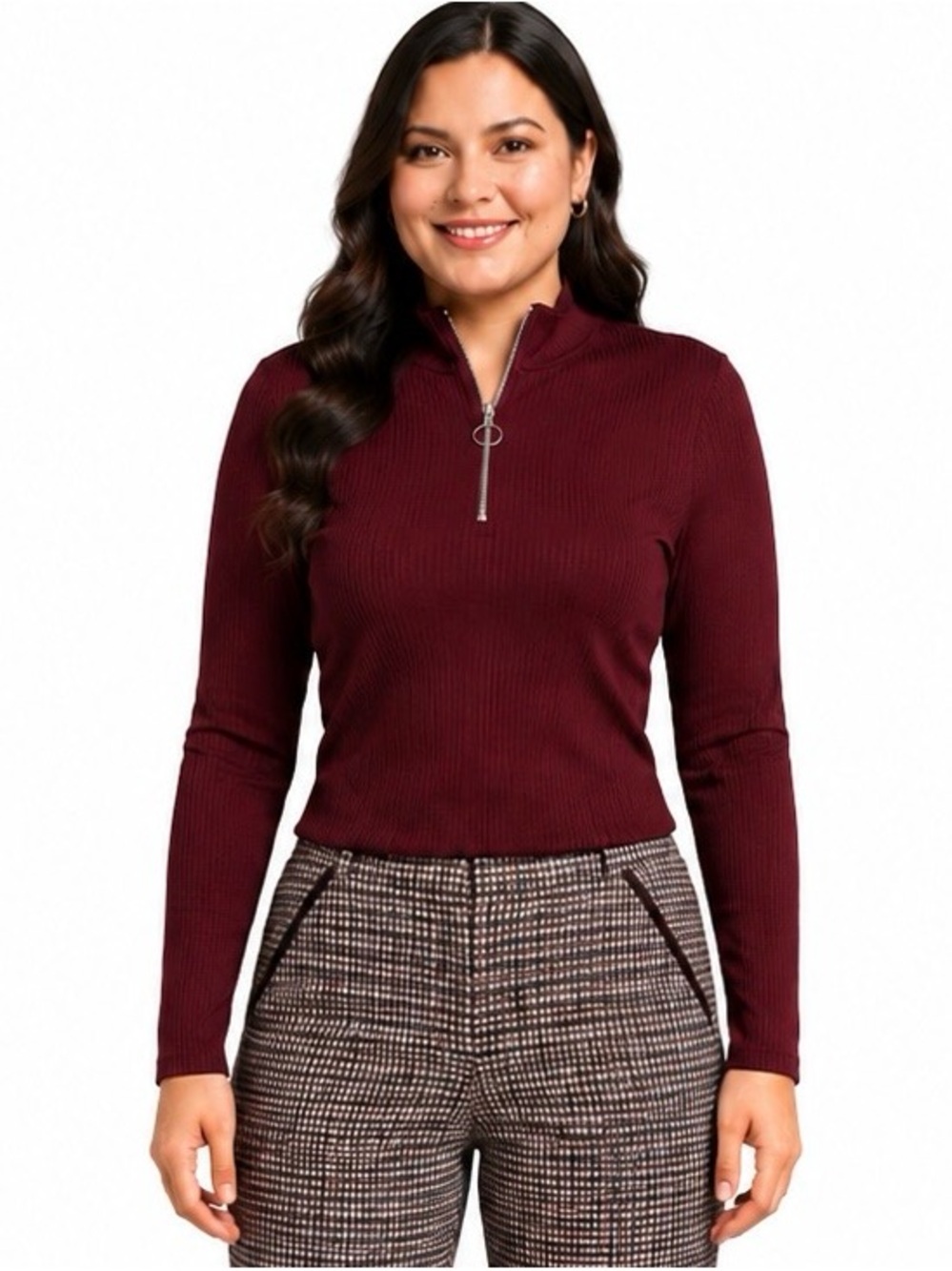 Perfectly Imperfect Ribbed Half-Zip Long Sleeve Top in Wine